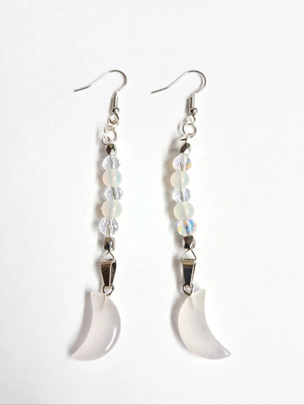 Silver Tone Moon Dangle Earrings with White Beads